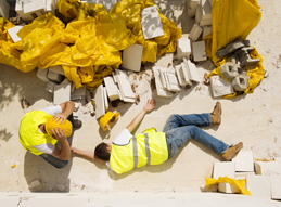 Image of an injured construction worker laying on ground