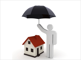 Image of a character holding an umbrella over the roof of a model of a home